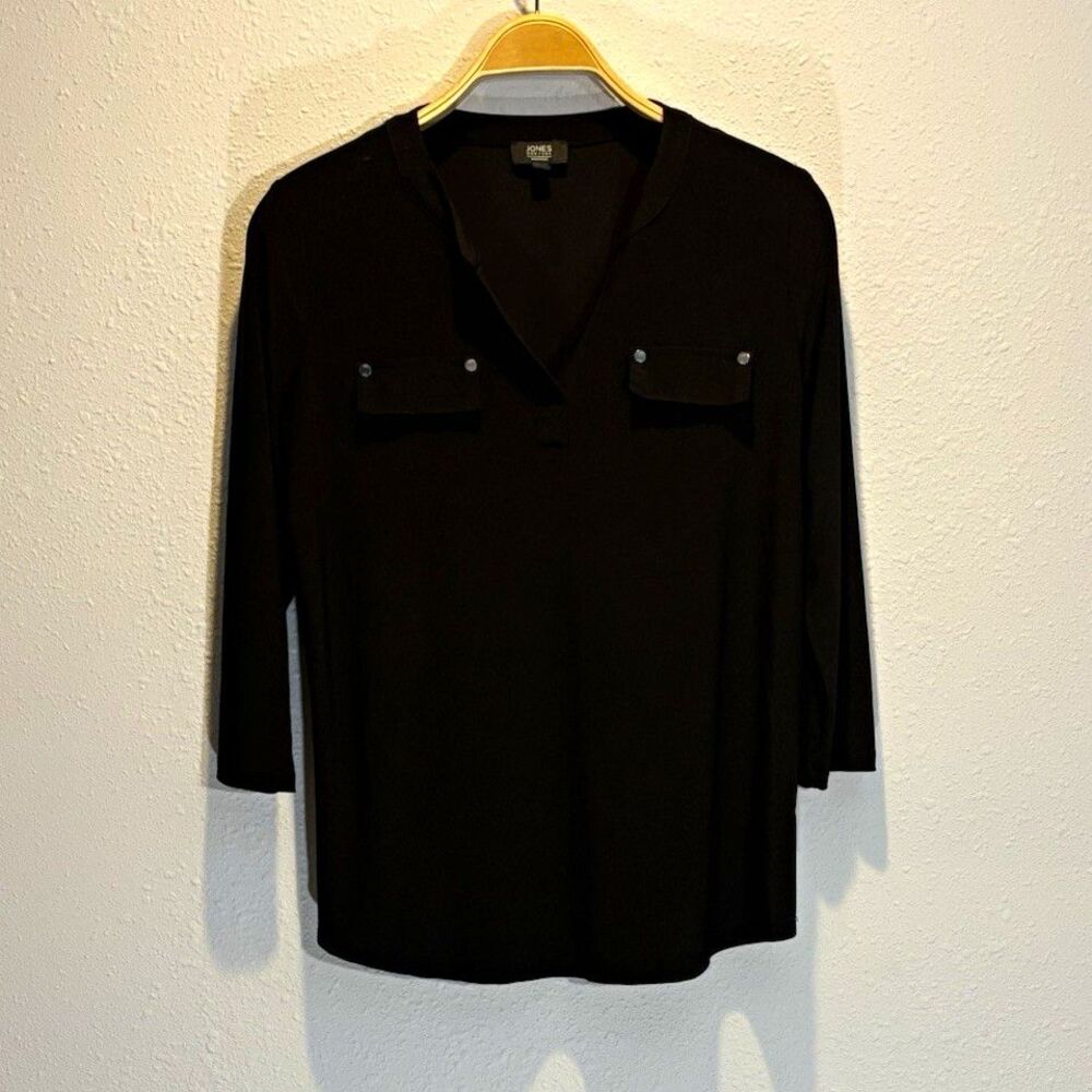 Jones New York Signature Black Solid V-Neck 3/4 Sleeve Blouse Women's L